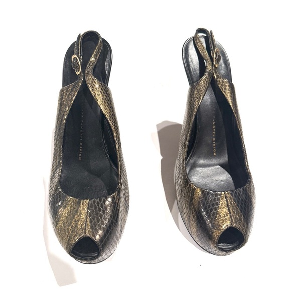 Giuseppe Zanotti Gold Snake Print Peep Toe Slingback Heels - Picture 1 of 7